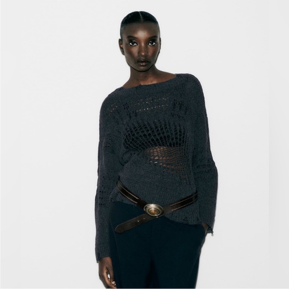 NWT Zara Ripped Open Knit Sweater Navy Size SMALL - Picture 5 of 5